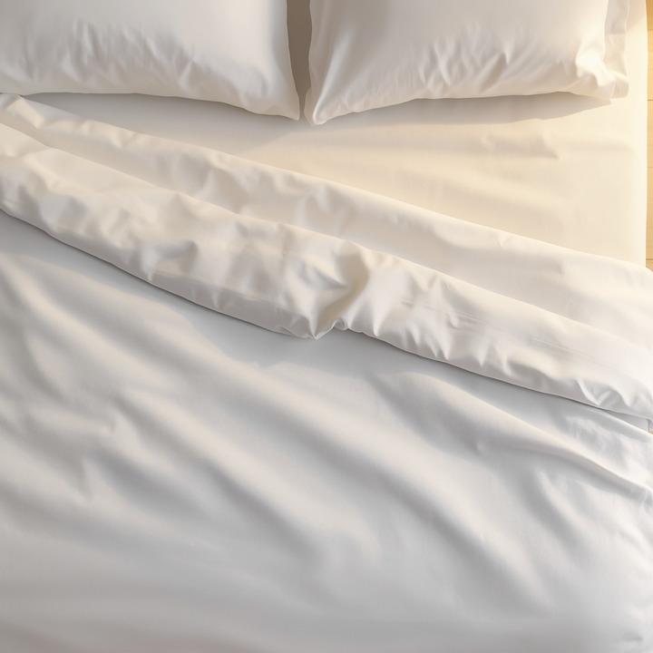 White 144-thread-count 100% cotton hotel-style fitted sheet with elastic edges, designed to withstand frequent washing at up to 40°C, for hotels, hostels, and vacation rentals (wholesale)