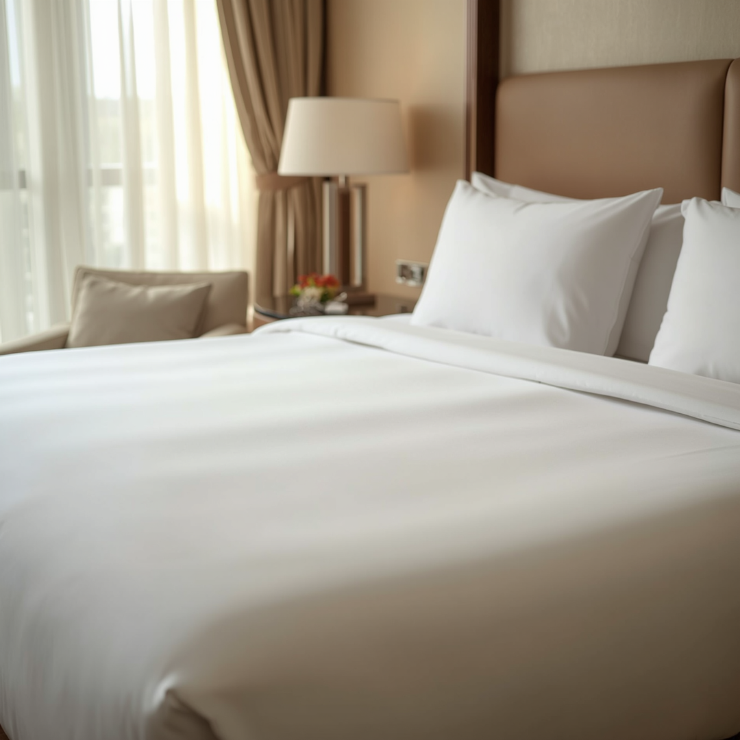 High-quality 200-thread-count cotton fitted sheets for the hospitality industry, available in all bed sizes.