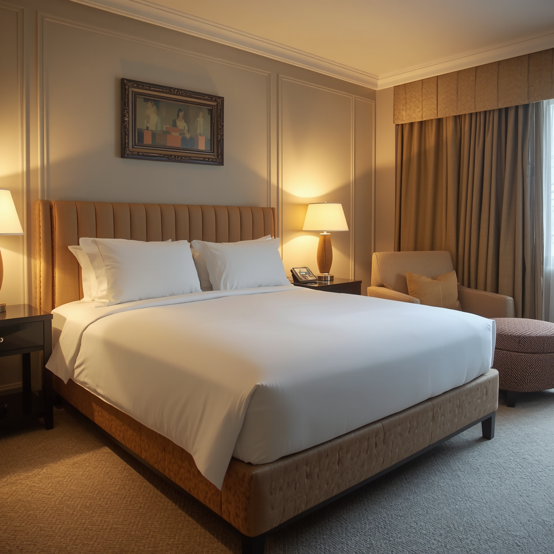 Sábana bajera hotel blanca 144 hilos en mezcla 50% algodón 50% poliéster, apta para colchones hasta 30 cm, disponible en 7 medidas de cama 90 a 200 para uso intensivo hotelero