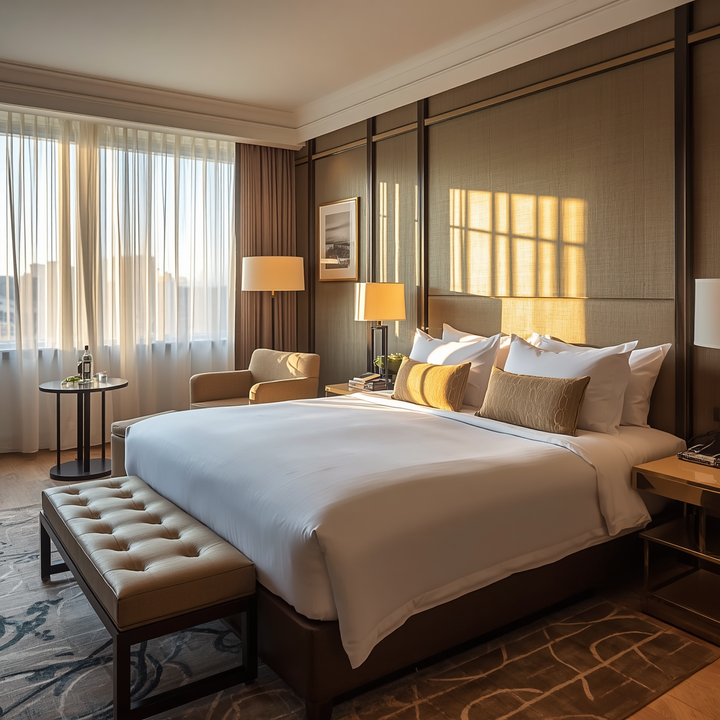 White 144-thread-count hotel top sheet made from a 50% cotton, 50% polyester blend, quick-drying and wrinkle-resistant, available in 7 bed sizes from 90 to 200 cm for hotels and apartments