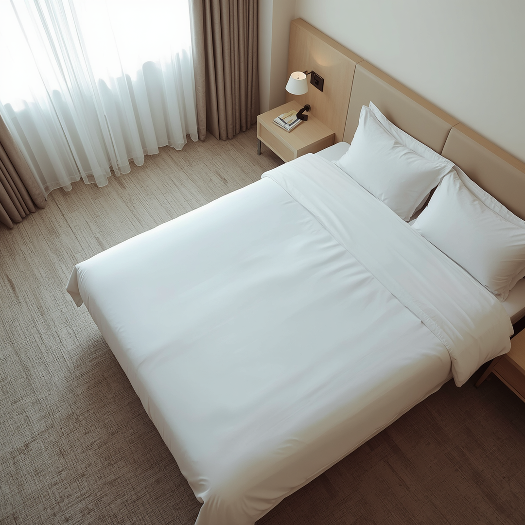 White 144-thread-count cotton-polyester hotel top sheet, designed to withstand frequent washing and easy ironing, ideal for hotels, vacation rentals, and holiday accommodations