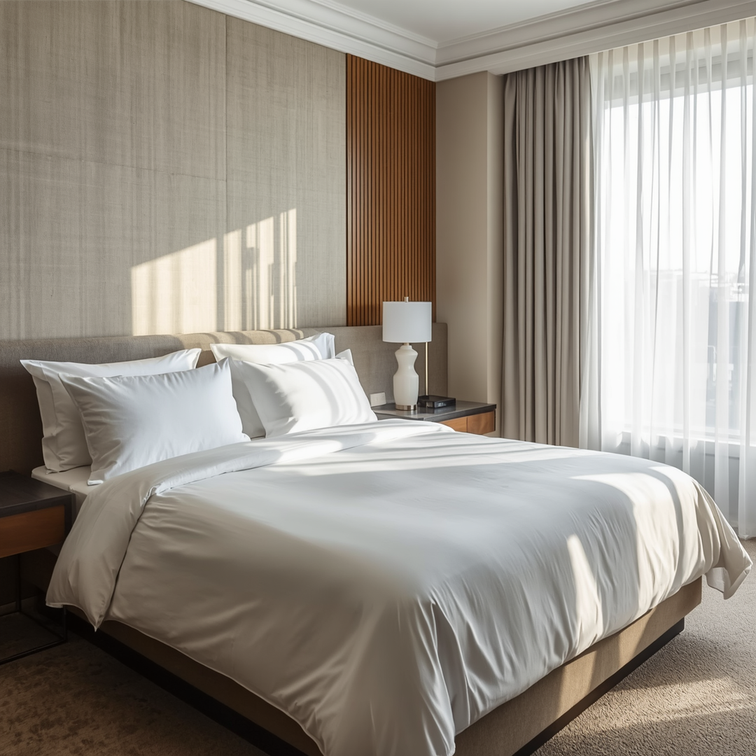 White 200-thread-count 100% natural cotton top sheet—soft and breathable—available in 7 bed sizes from 90 to 200 cm for hotels, hostels, and bed-and-breakfasts