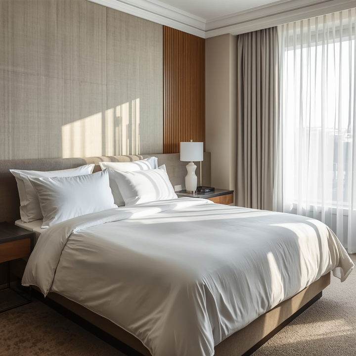 White 200-thread-count 100% natural cotton top sheet—soft and breathable—available in 7 bed sizes from 90 to 200 cm for hotels, hostels, and bed-and-breakfasts