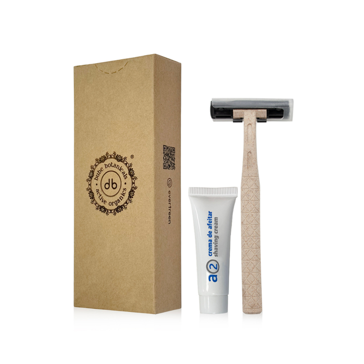 Set de afeitado Bube con maquinilla de material PSM y crema de afeitar A2 de 10 gr, presentado en caja de cartón sellada para amenities de hotel y hostelería