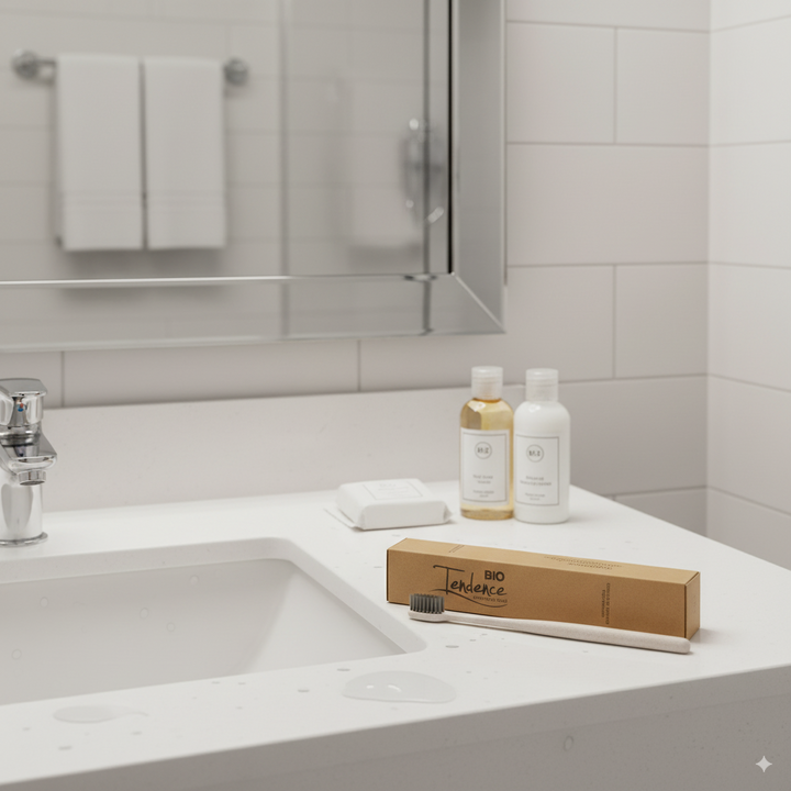 Kit dental ecológico para hotel con cepillo biodegradable y pasta dental