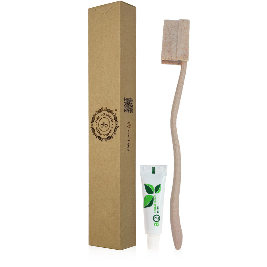 Set da bagno ecologico Bube per hotel in scatola di cartone certificata FSC, con spazzolino in PSM, dentifricio A2 da 5 g, testo in braille e codice QR Evertreen