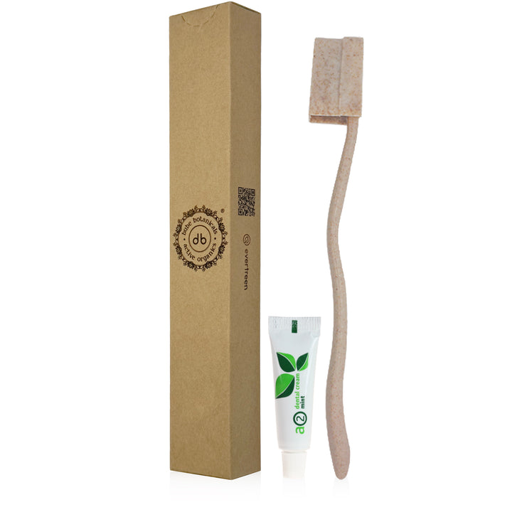 Set da bagno ecologico Bube per hotel in scatola di cartone certificata FSC, con spazzolino in PSM, dentifricio A2 da 5 g, testo in braille e codice QR Evertreen