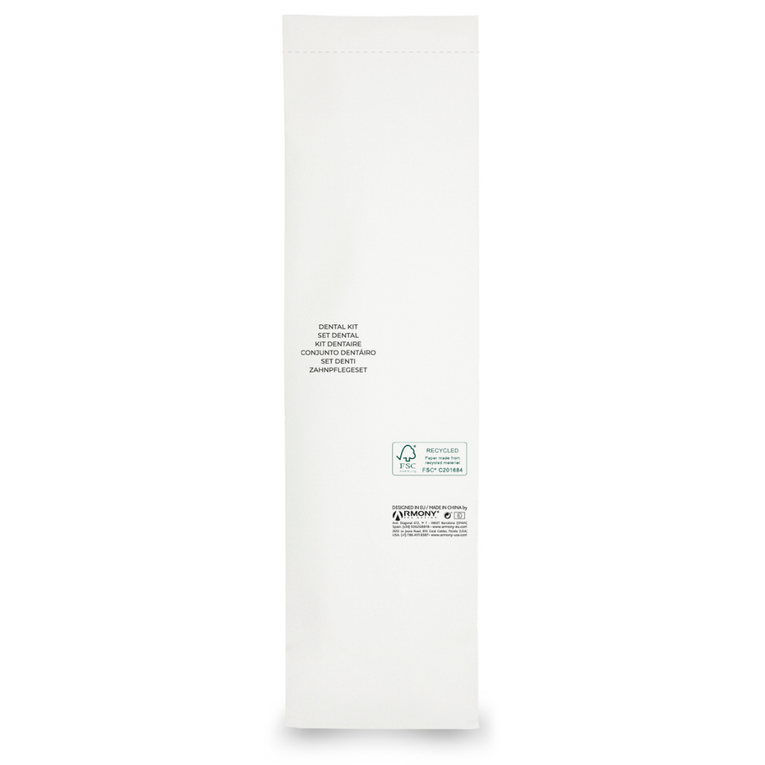 Kit dental Lule para hostelería: cepillo dental de material PSM y pasta dentífrica A2 en bolsa papel piedra abre-fácil reciclable, formato mayorista 500 uds.