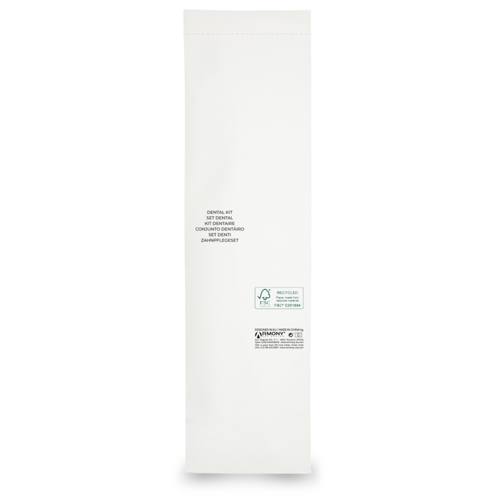 Kit dental Lule para hostelería: cepillo dental de material PSM y pasta dentífrica A2 en bolsa papel piedra abre-fácil reciclable, formato mayorista 500 uds.