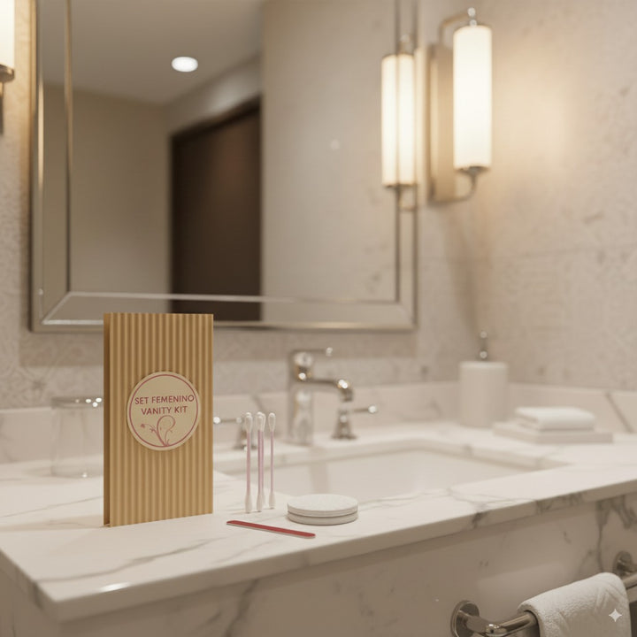 Kit de mujeres al por mayor que incluye 3 discos, 3 bastones y 1 lima. Presentados en cartón natural.