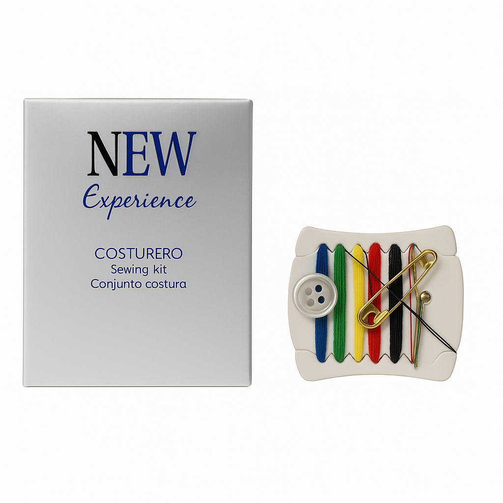 Set de Costura Nex con hilos, botones y aguja en caja de cartón blanca para hoteles