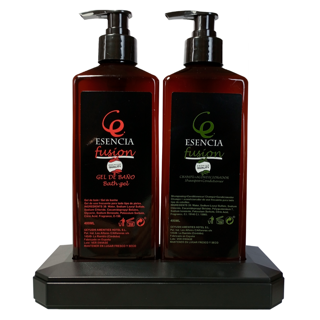 Accessorio per distributori di gel e shampoo negli hotel, modello Esencia Fusión.