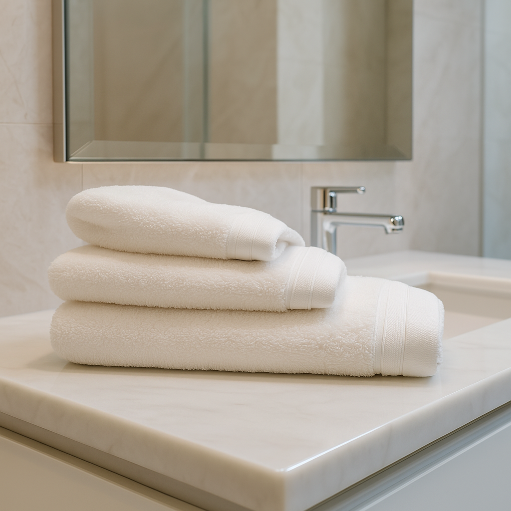 Weißes 700-Gramm-Handtuch, gefaltet auf einem luxuriösen Hotelbett