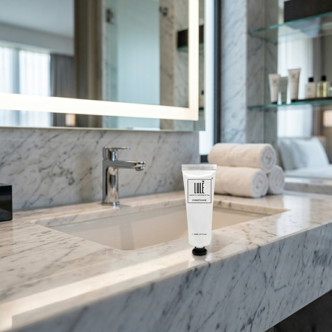 Lule Haarspülung in einer 30-ml-Aluminiumtube mit Schraubverschluss und Sicherheitssiegel, für Hotelzimmer und Gastronomiebetriebe