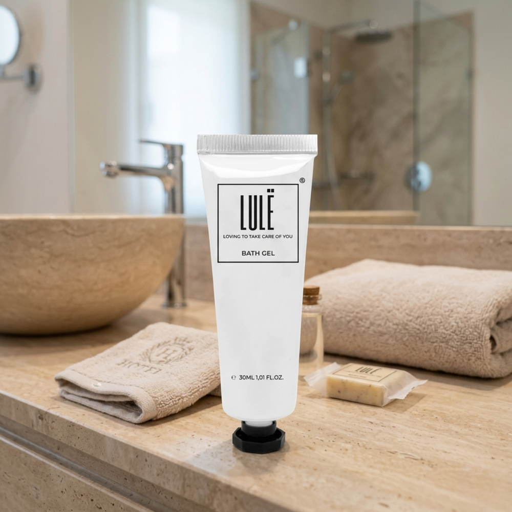 Lule-Körperlotion in einer 30-ml-Aluminiumtube mit Schraubverschluss und Sicherheitssiegel, für Hotelzimmer und Gastronomiebetriebe