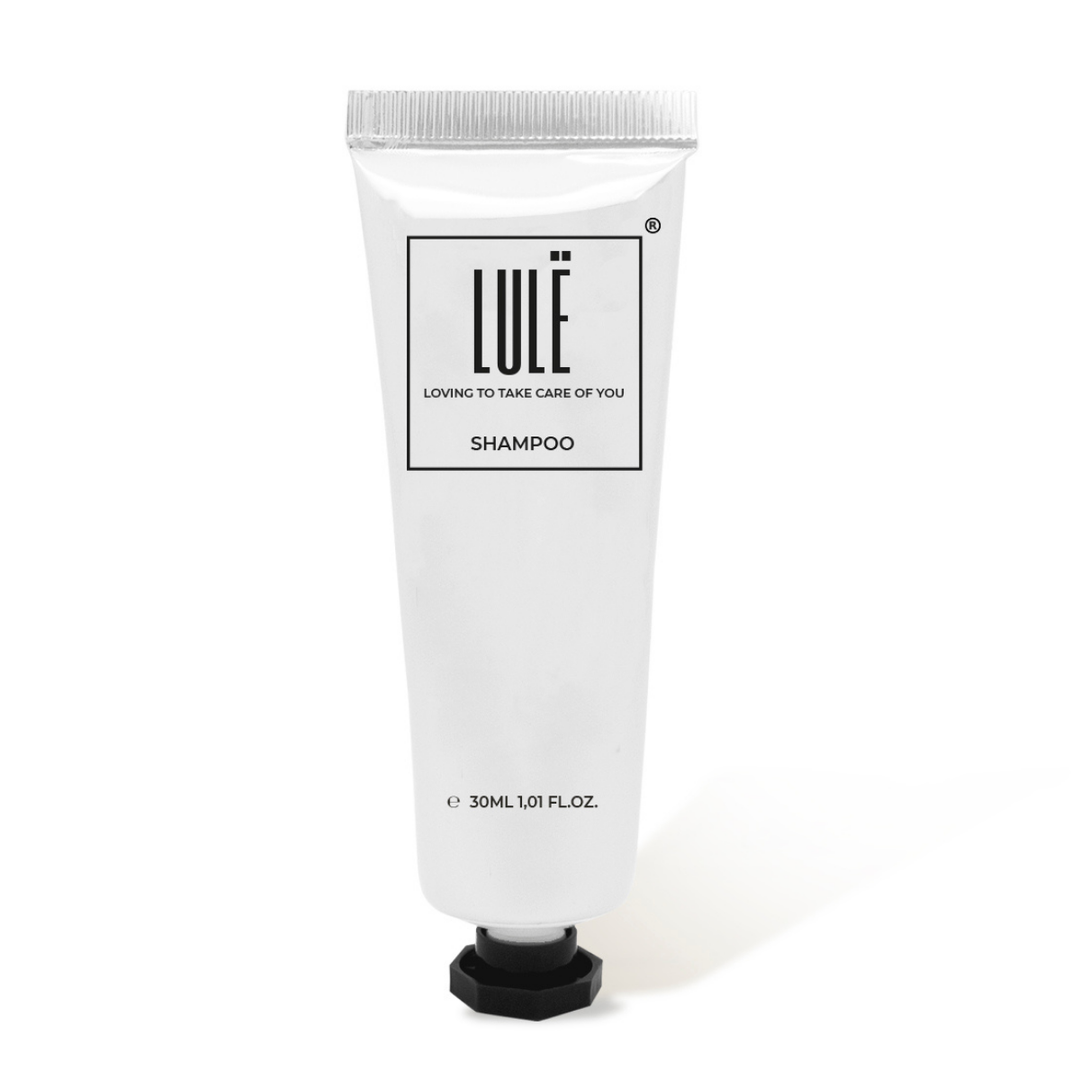 Tubo di shampoo per capelli Lule da 30 ml in alluminio con tappo a vite e sigillo di sicurezza, prodotto di cortesia di alta qualità per hotel e strutture ricettive