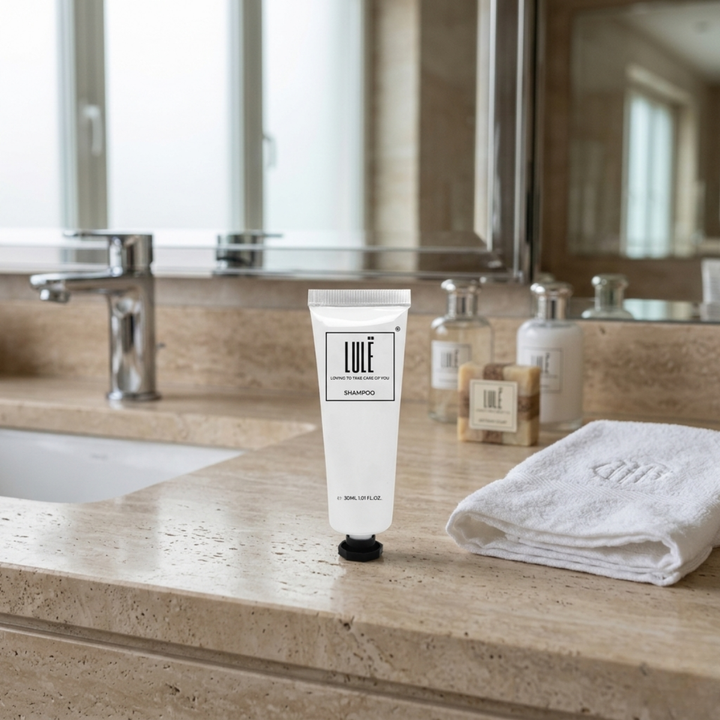 Shampoo Lule in tubetto di alluminio da 30 ml con tappo a vite e sigillo di sicurezza, per camere d'albergo e strutture HORECA