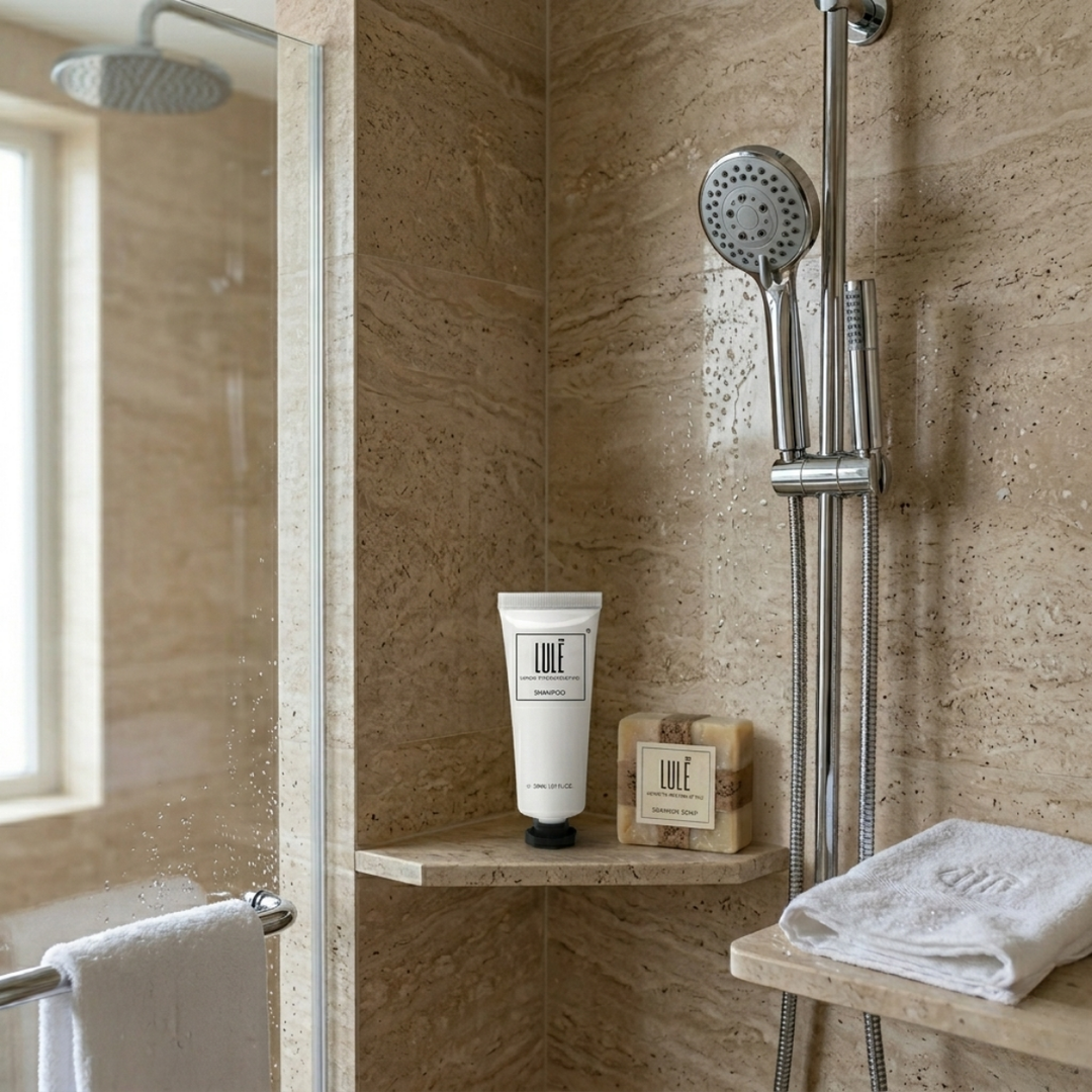 Tubo in alluminio per shampoo Lule da 30 ml con tappo a vite e sigillo di sicurezza, formato monodose premium riciclabile per prodotti da bagno da hotel