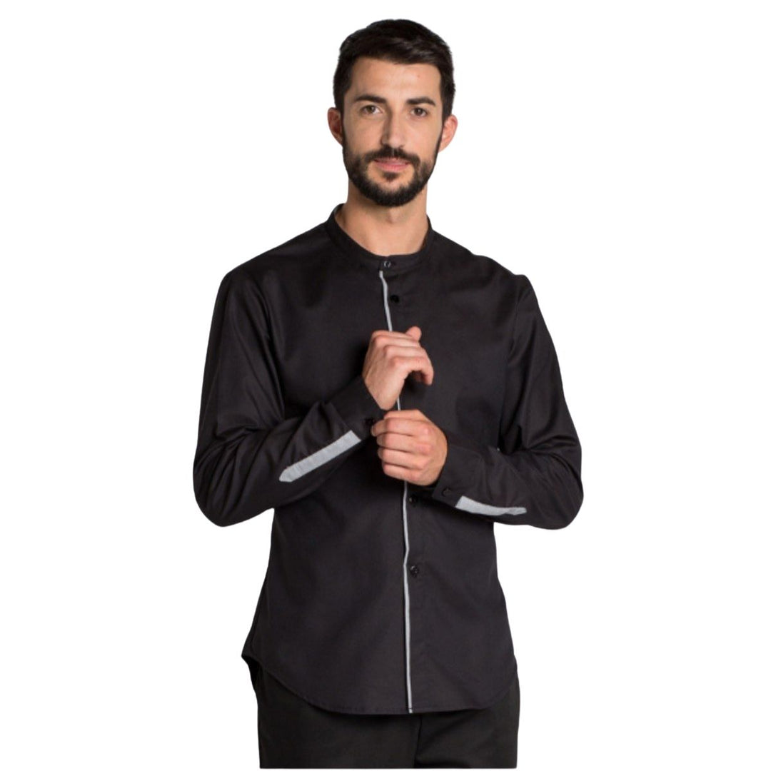Camisa caballero negra entallada con cuello mao para camarero