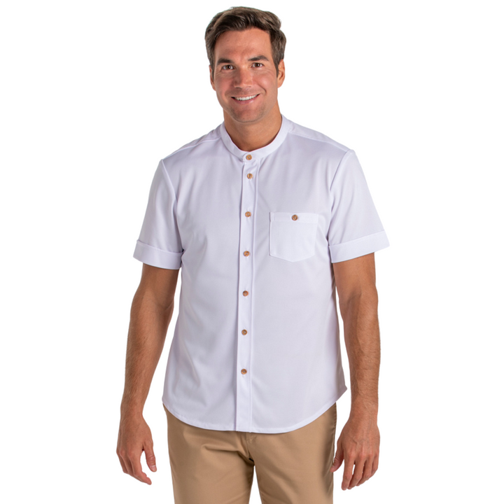 Camiseta blanca de hostelería unisex con cuello mao y botones de madera