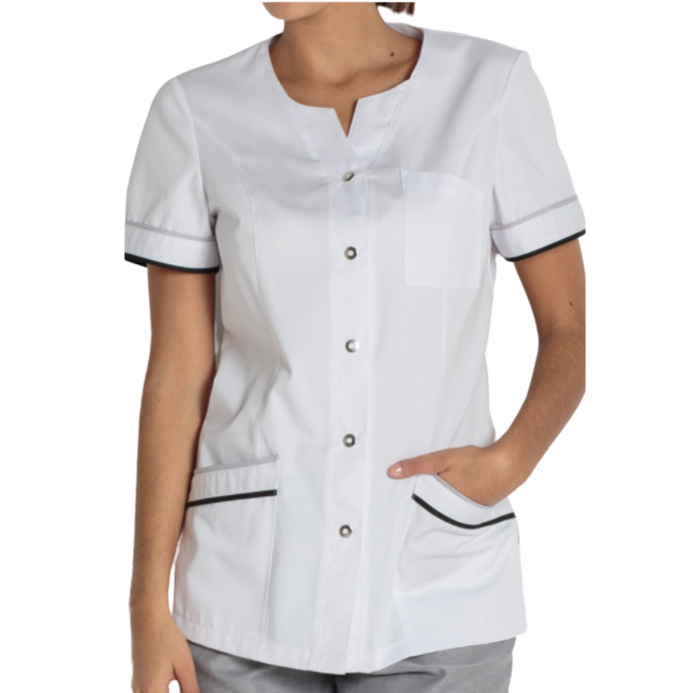 Uniforme de spa de lujo blanco con detalles en negro