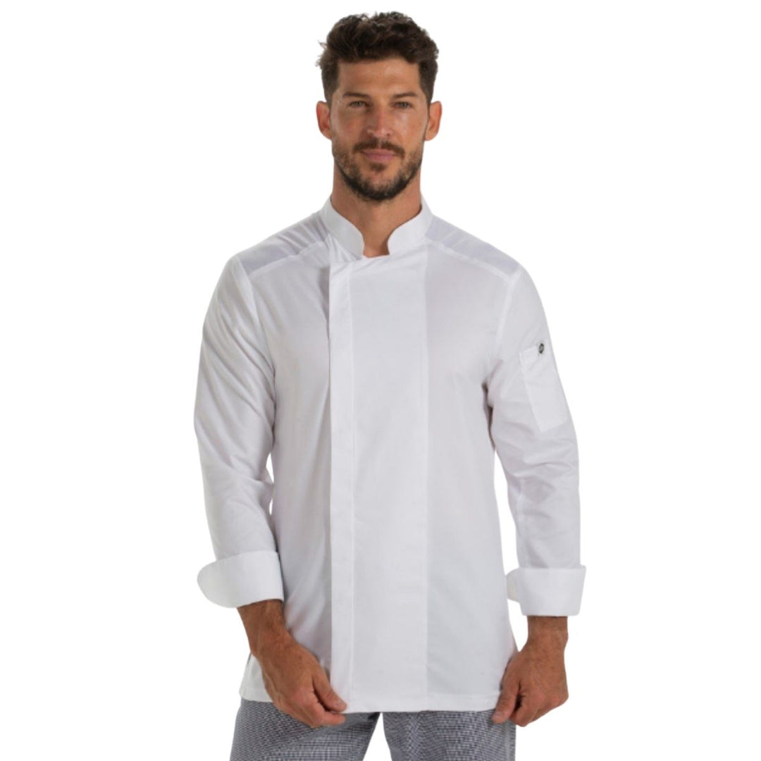 Lightweight kitchen jacket with concealed hook and eye fasteners and sleeve pocket