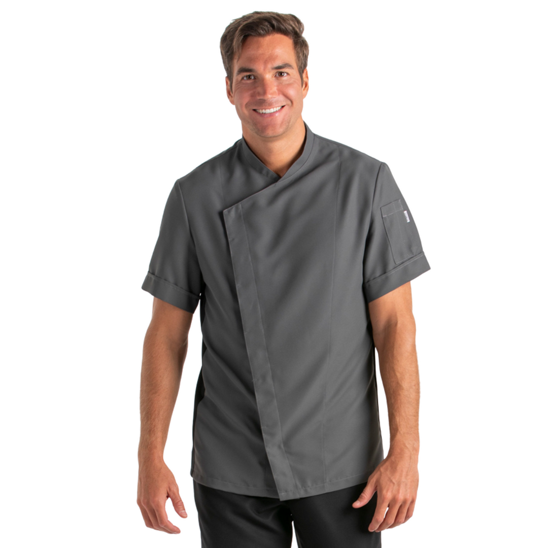 Grey microfiber kitchen jacket short sleeve with mao collar