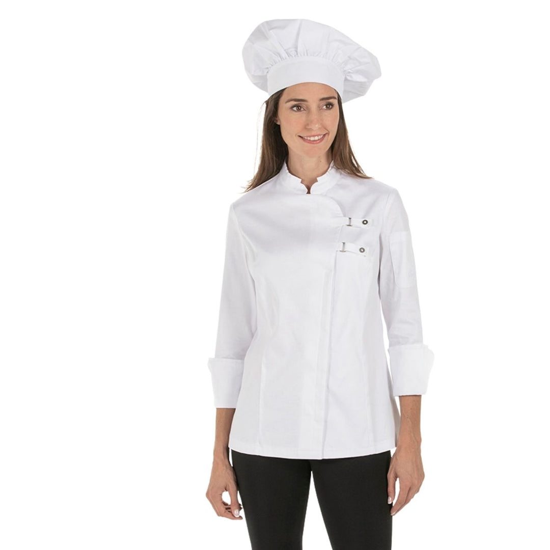 Chaqueta hostelería cocinera blanca algodón poliéster cuello mao rejilla antibacteriana costadillos mangas cintas hebillas aberturas laterales, en 7 tallas para cocinas al por mayor