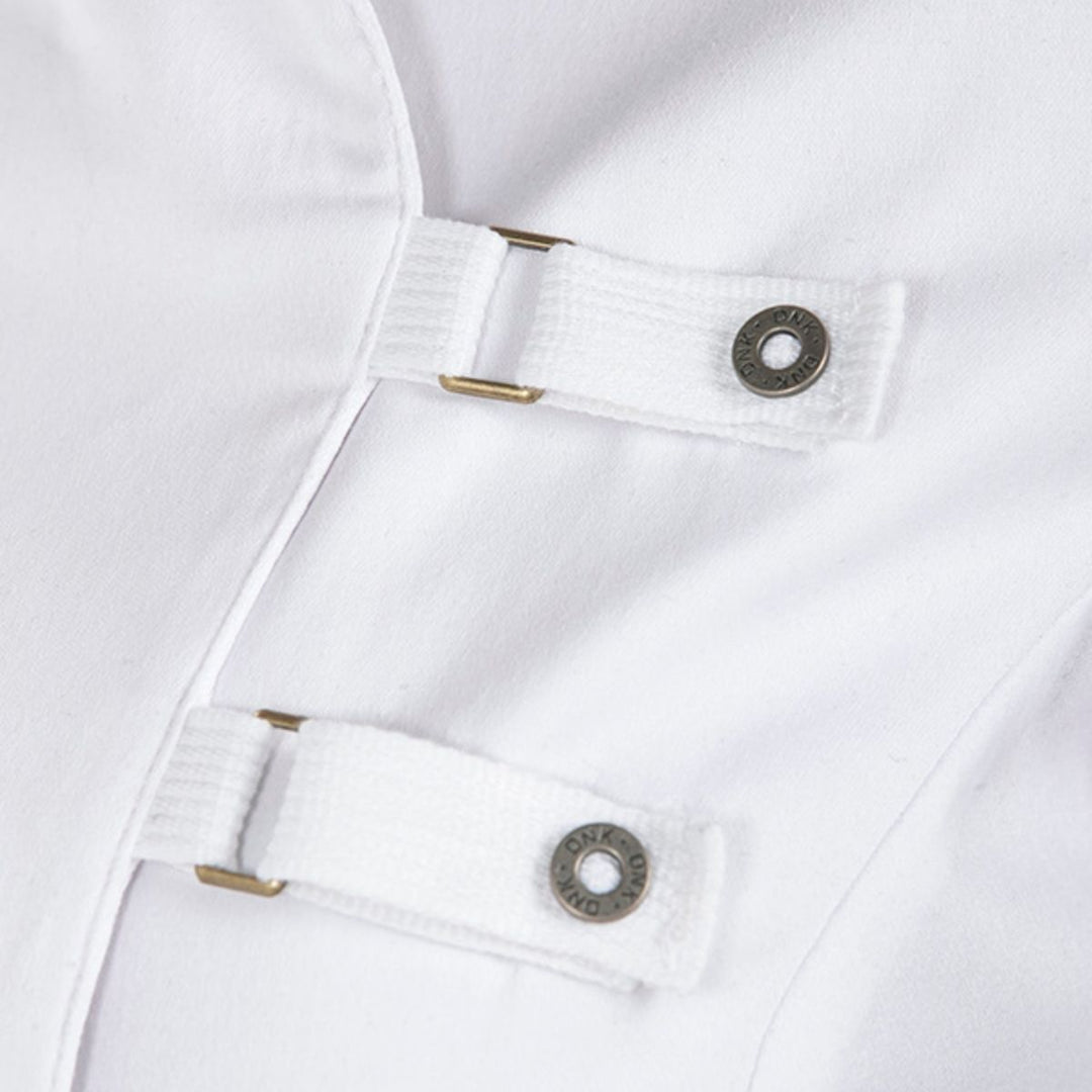 Uniforme chaqueta cocinera blanca 67% poliéster 33% algodón cuello mao rejilla transpirable antibacteriana costadillos y mangas cintas hebillas, para cocinas hoteles al por mayor
