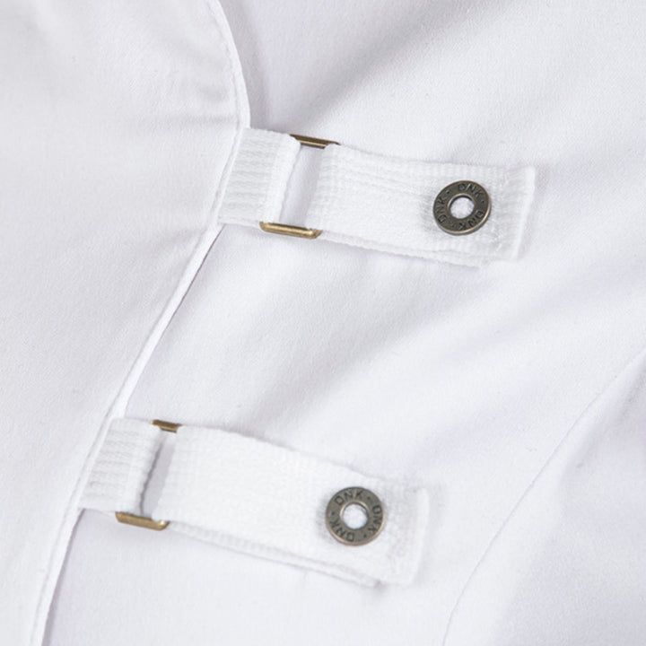 Uniforme chaqueta cocinera blanca 67% poliéster 33% algodón cuello mao rejilla transpirable antibacteriana costadillos y mangas cintas hebillas, para cocinas hoteles al por mayor