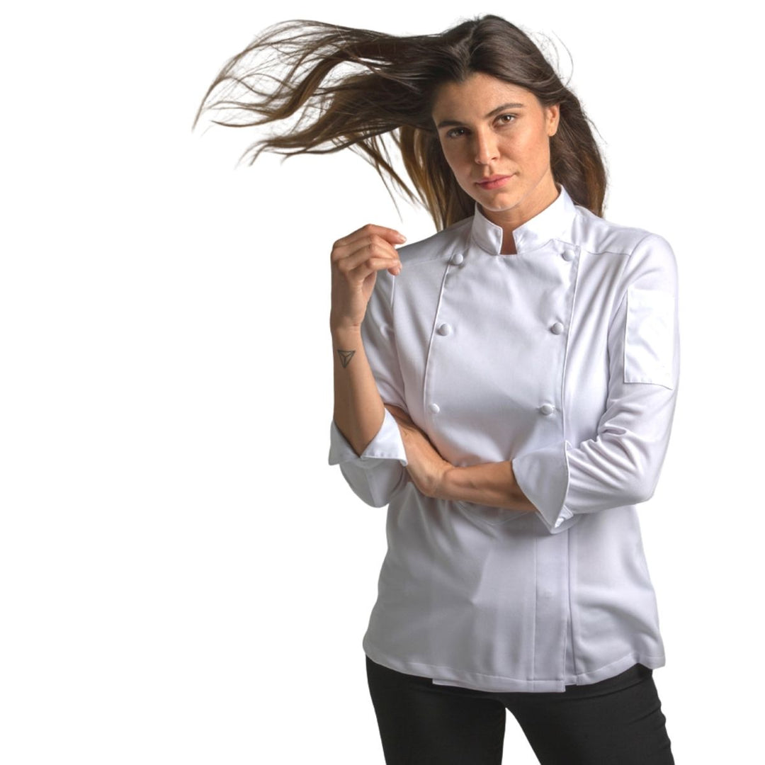 Breastplate detail and concealed zipper on premium chef's jacket