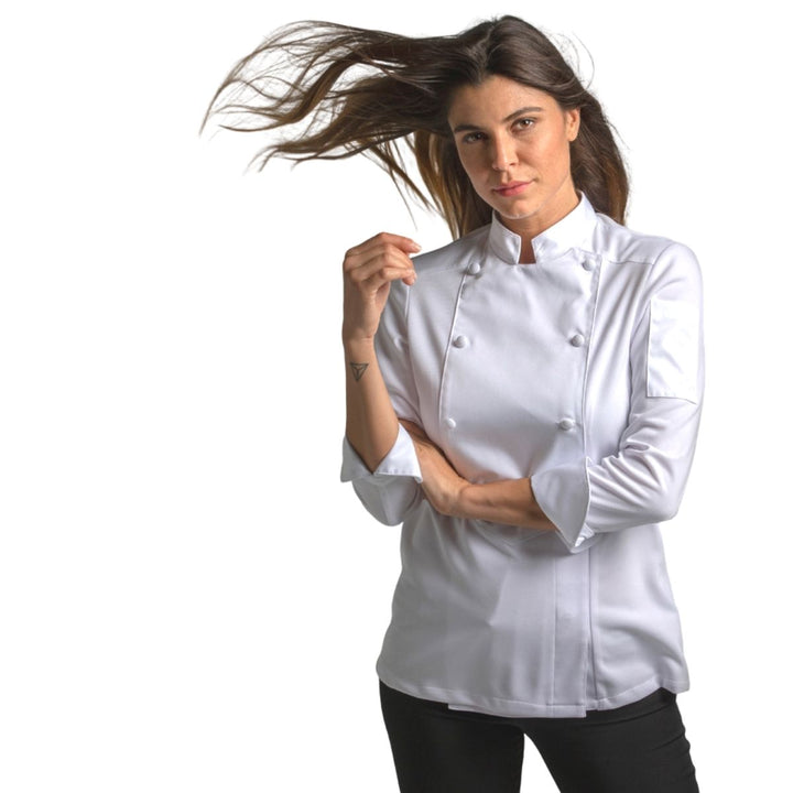 Breastplate detail and concealed zipper on premium chef's jacket