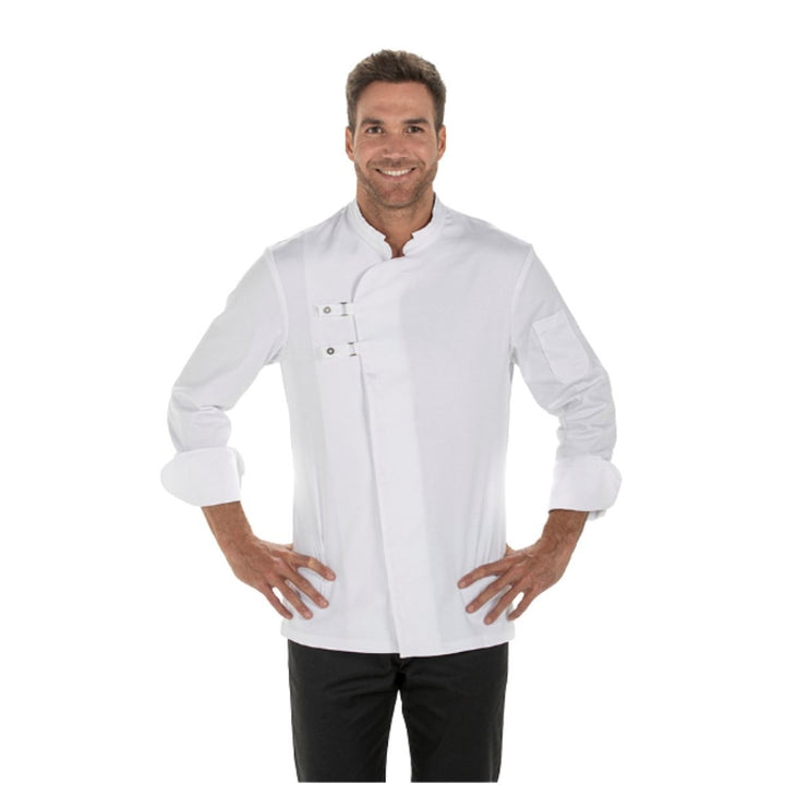 Chaqueta de cocinero blanca con hebillas y manga larga