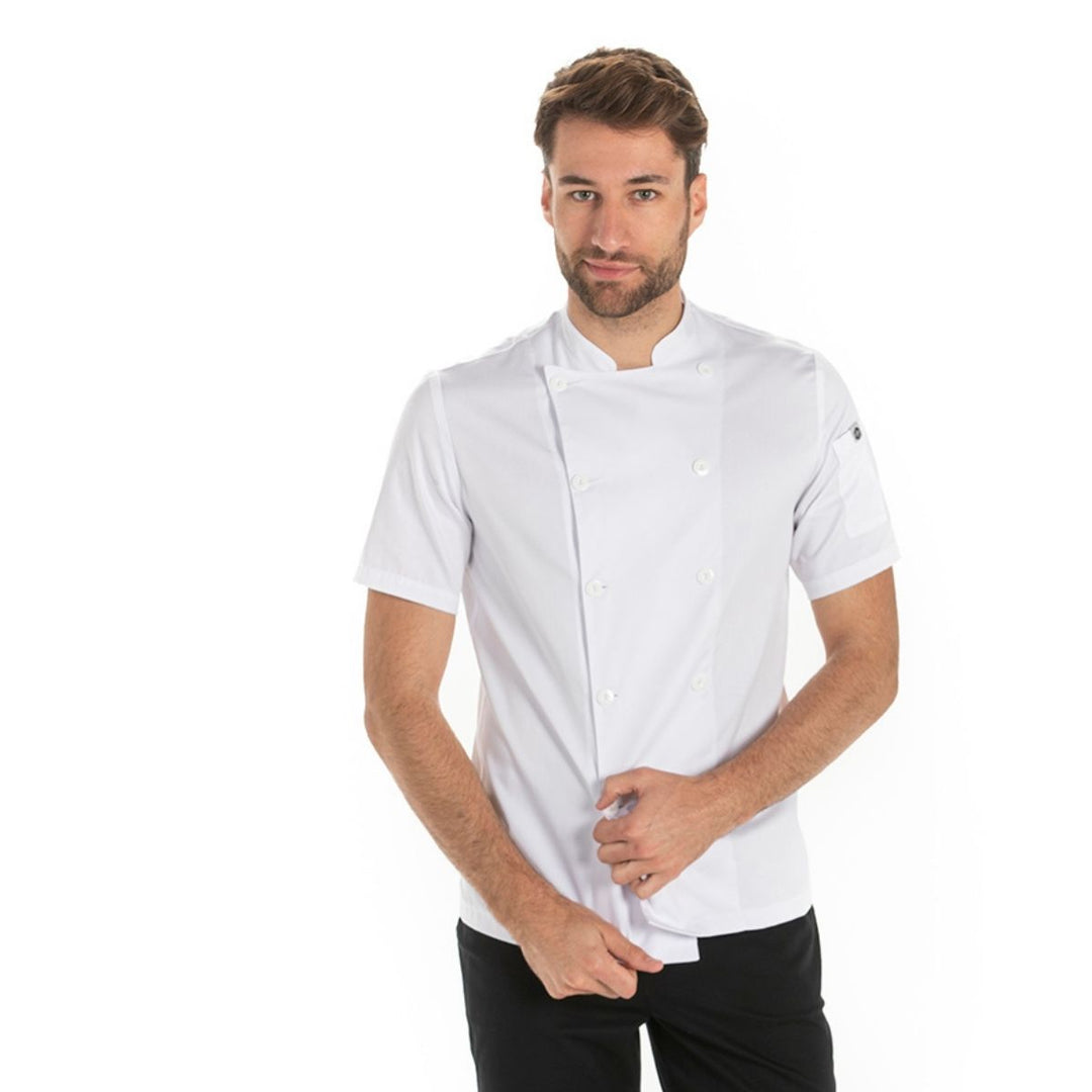 Short sleeve white chef jacket with double breasted buttons