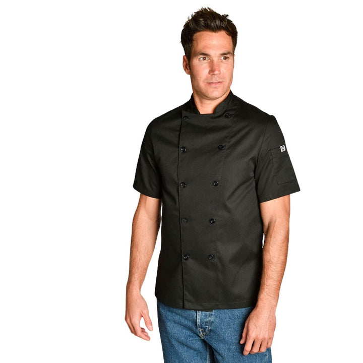 Black short sleeve chef jacket with double breasted double breasted buttons