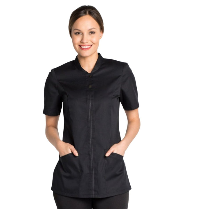 Chaqueta negra de camarera con manga corta y cuello mao