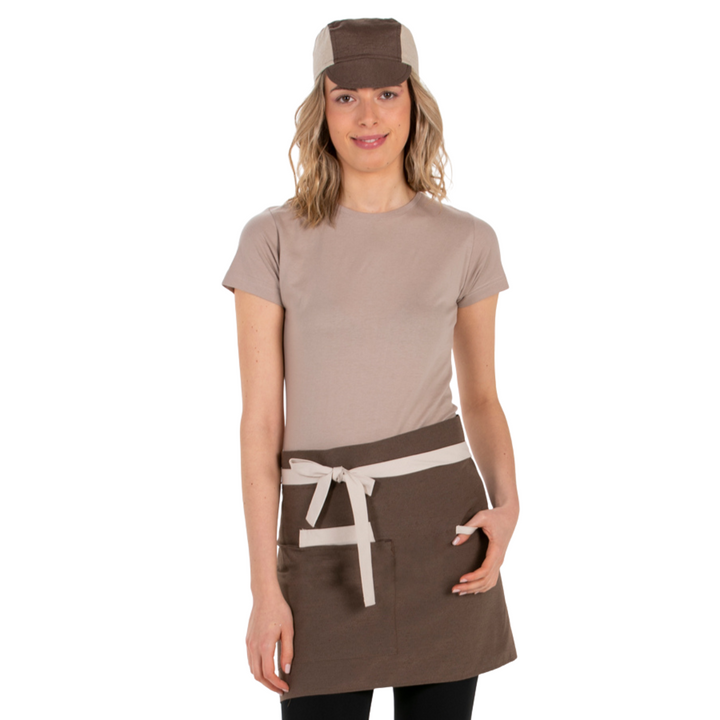 Short brown canvas apron with side pocket for waiters and waitresses