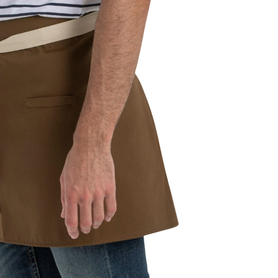 Brown catering apron with beige tape