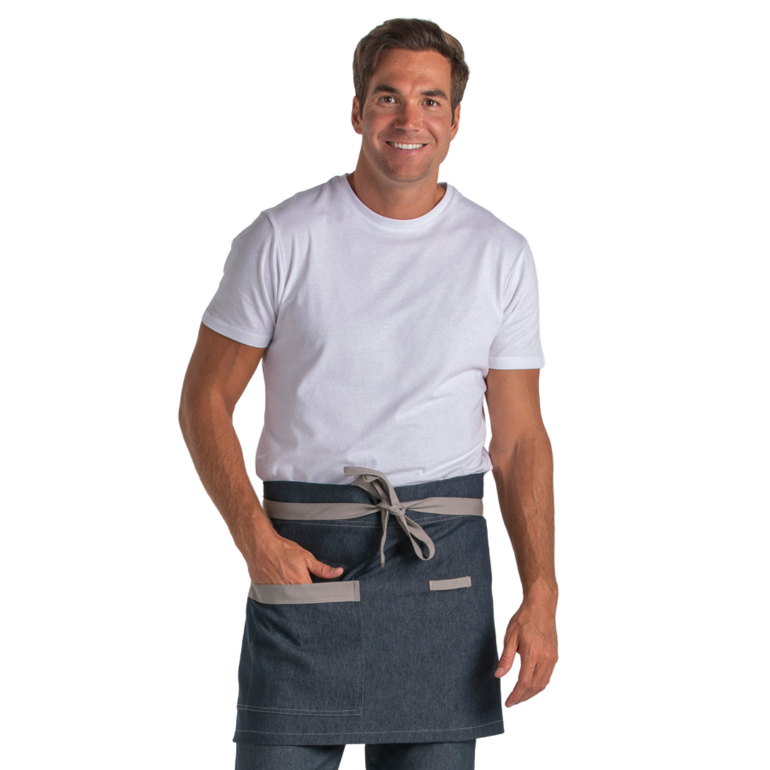 Grembiule corto in denim con striscia beige per camerieri