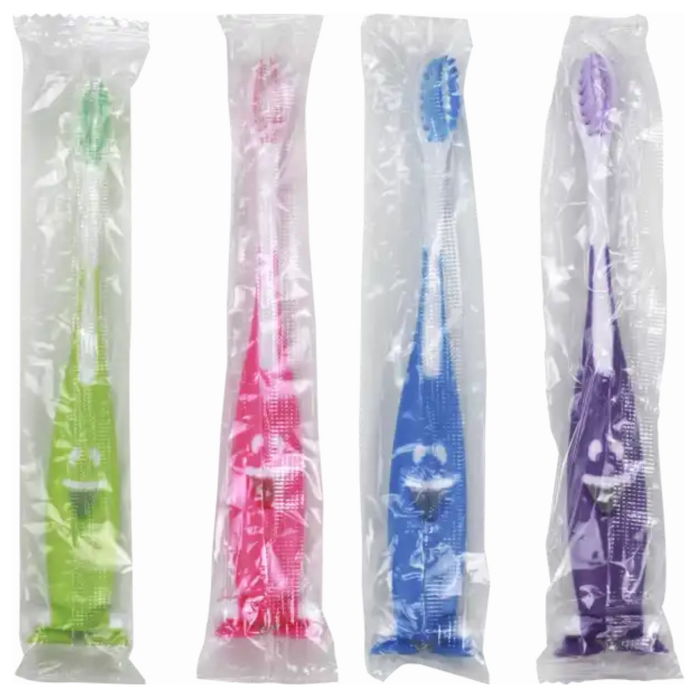 Kinderzahnbürsten im Großhandel im transparenten Flowpack.