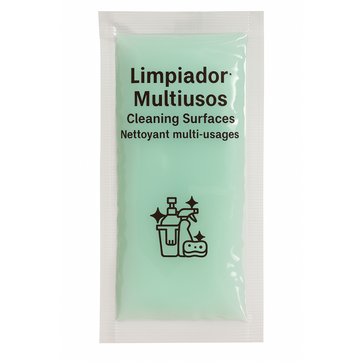 Hotelreinigungsmittel in einem Kraftbeutel mit Scheuerschwamm und Tuch