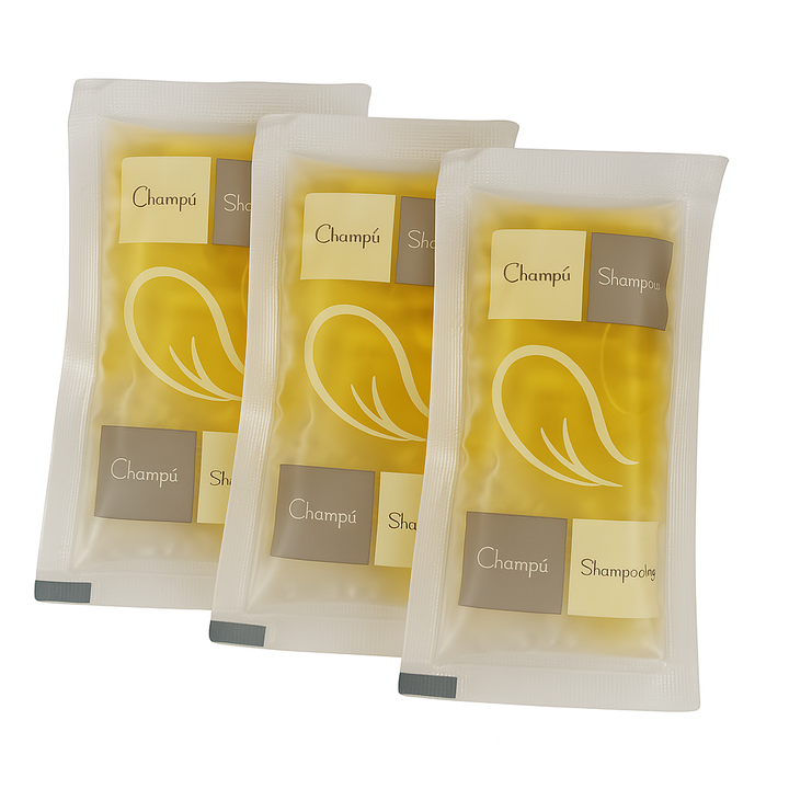 Hotel-Shampoo-Beutel 15 ml in metallisierter Polyesterverpackung, ideal als Hotel-Shampoo, präsentiert auf weißem Hintergrund für Großbestellungen.