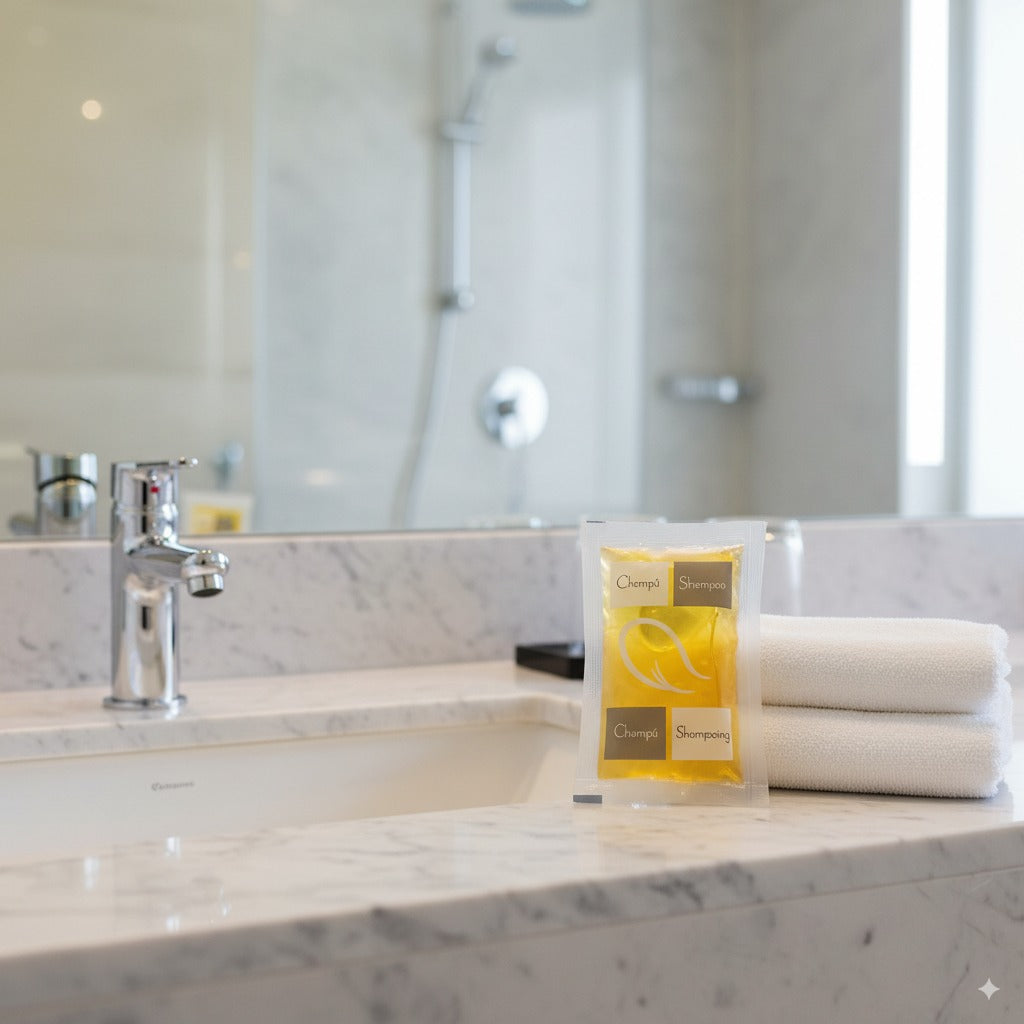 Hotel-Shampoo-Beutel von 15 ml zusammen mit Badutensilien, in metallisierter Verpackung, ideal als Großhandelsshampoo für Luxushotels.