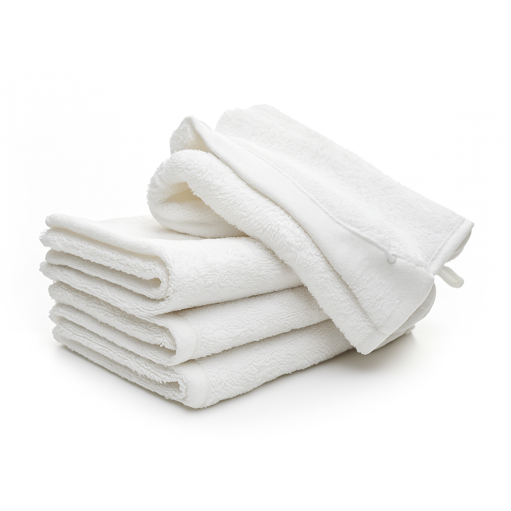 Glattes weißes Hotelhandtuch, 500 Gramm, auf dem Bett gefaltet