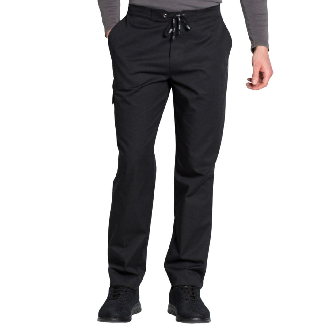 Modische schwarze Herrenhose mit abgesteppten Knien für Kellner und Kellnerinnen.