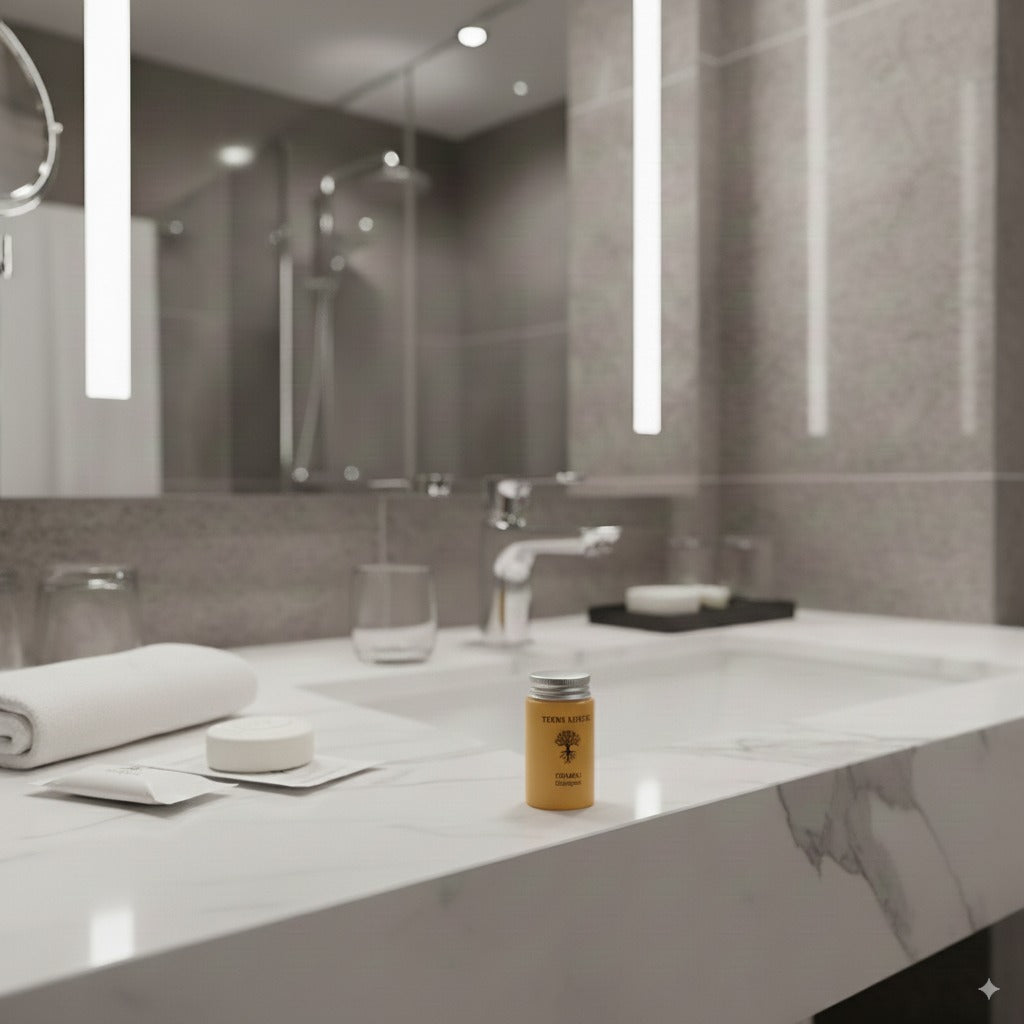 Small bottle of Terra Nature shampoo 30 ml, shampoo for hotel and bathroom amenities use.