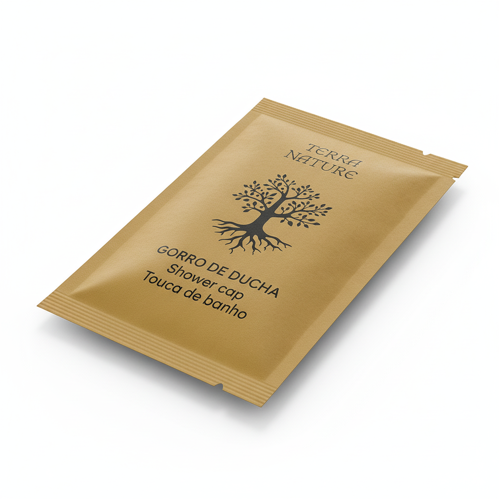 Shower caps and bath caps made from FSC kraft paper.