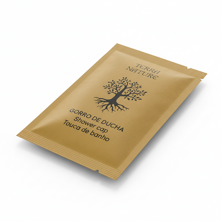 Shower caps and bath caps made from FSC kraft paper.