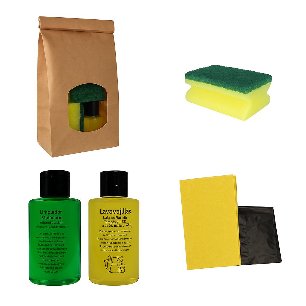 Hotel cleaning kit with 60 ml bottles in recyclable kraft bag