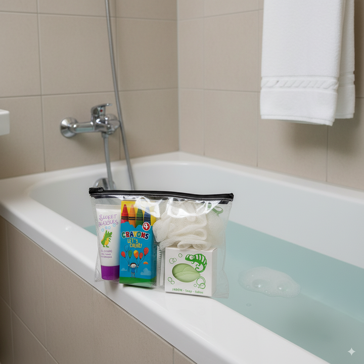 Toiletry bag for children for hotels in transparent bag with sponge and waxes